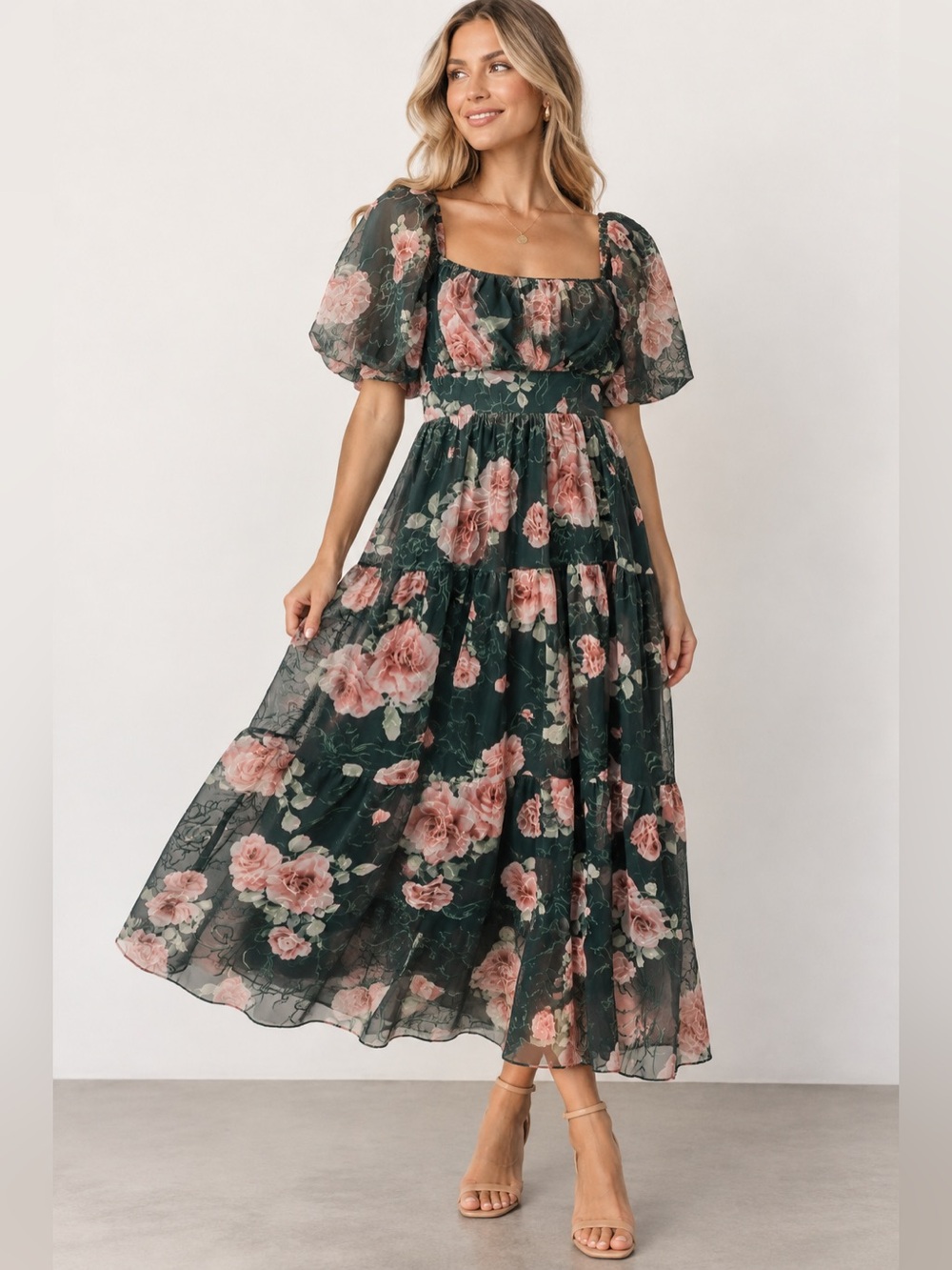Baltic Born Annabeth Midi Dress – Dark Green + Pink Floral – Size Large NWT